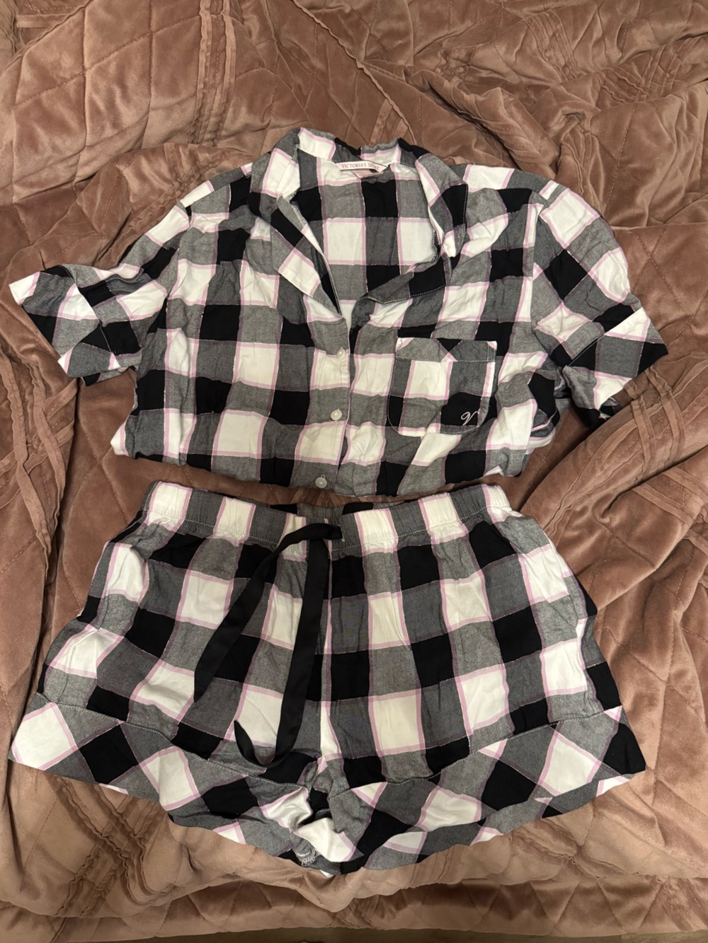 Victoria's Secret Black, Gray, White & Pink Plaid Pajama Set